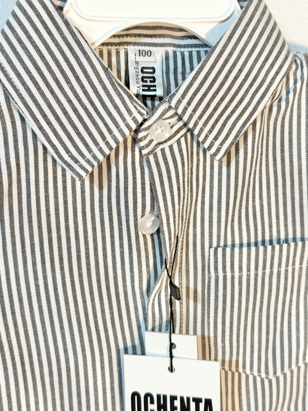 Ochenta Kids' Short-Sleeve Button-Down Shirt in White and Navy Stripe - Picture 2 of 5